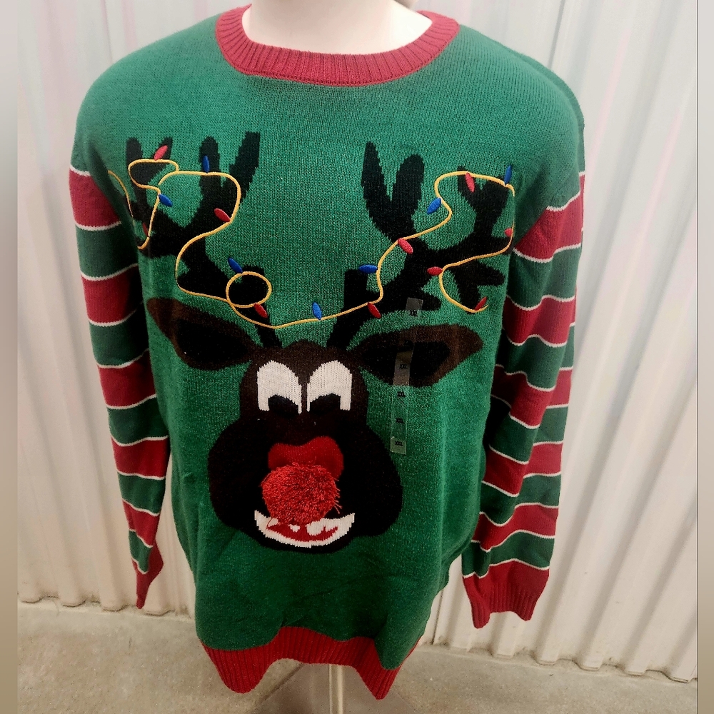 NWT Mens Ugly Festive Green and Red Reindeer Sweater